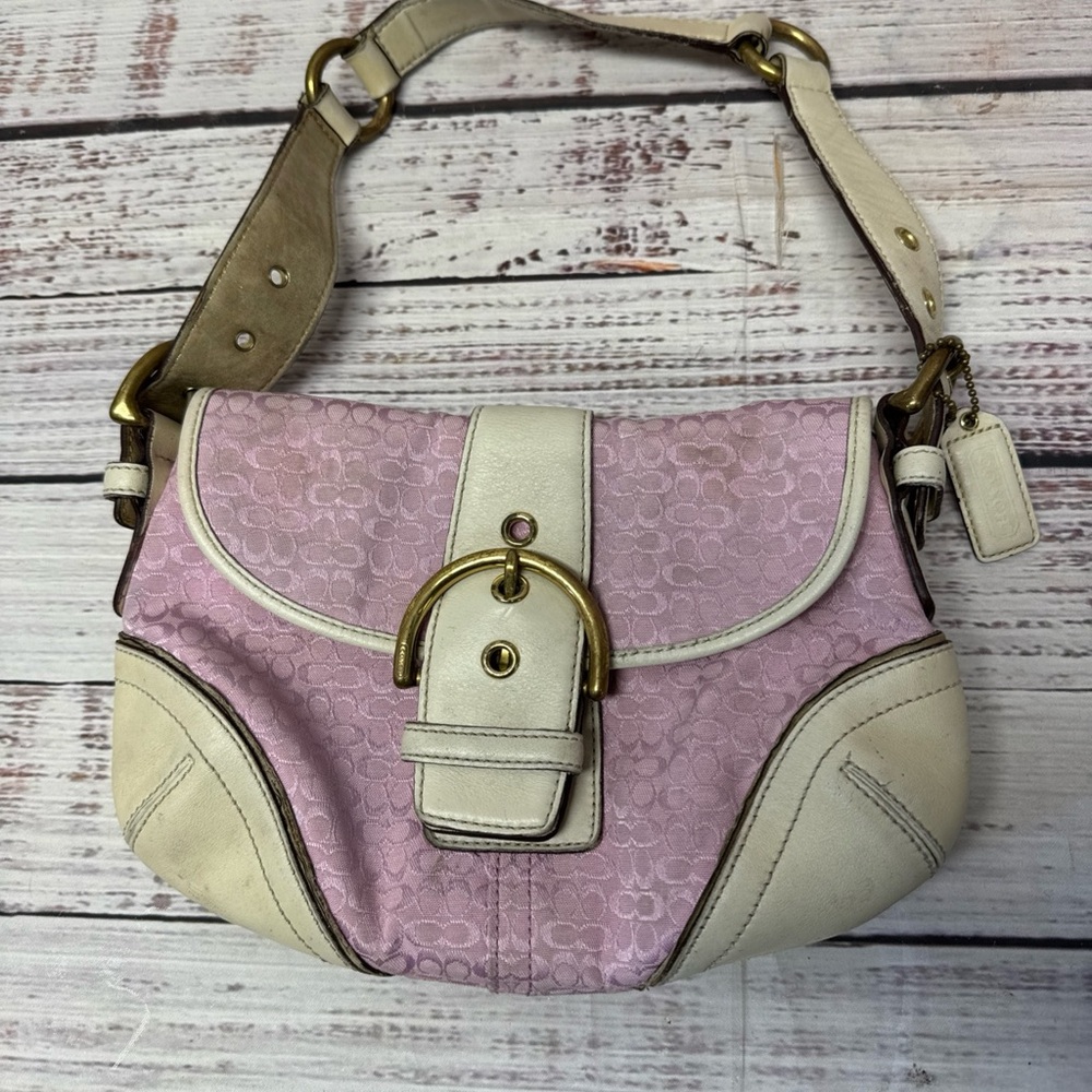 Vintage Coach Pink and Cream Leather Shoulder Bags with Brass Hardware